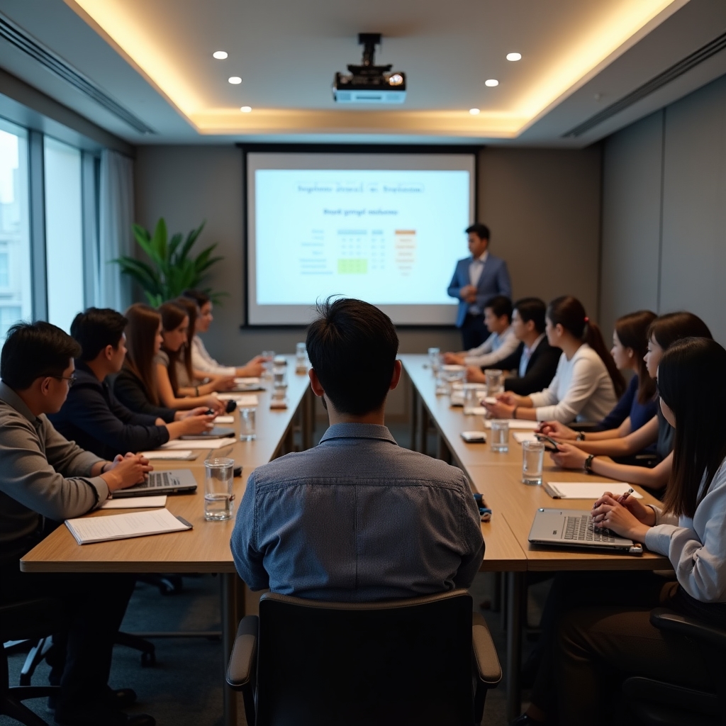 A group of adults in a corporate training room setting, seated at tables with notebooks and smartphones during a financial literacy workshop