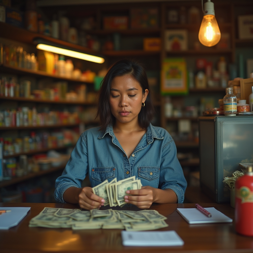 A Filipino woman in her 40s counting cash at a small neighborhood store counter surrounded by packaged goods