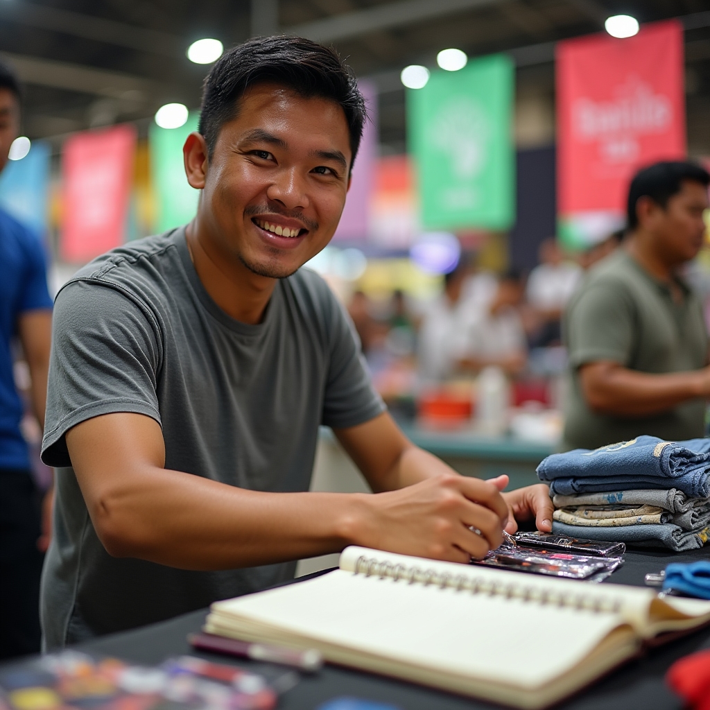 A young Filipino man in his late 20s arranging goods at a weekend market tiangge stall with a notebook visible on the table