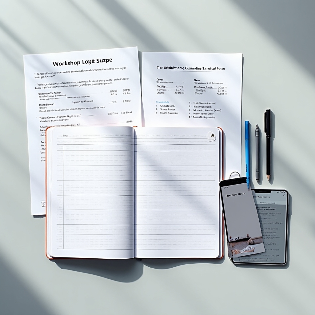 Printed reference sheets and a practice notebook spread out on a workshop table alongside a smartphone
